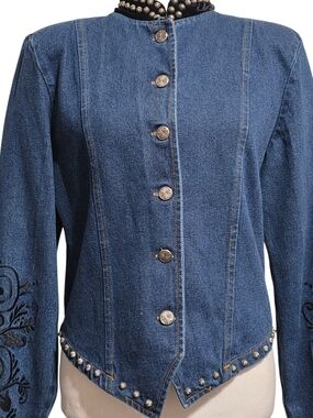 Vintage Gordon James Studded Denim Jacket Embroidered Western Boho Moto L
